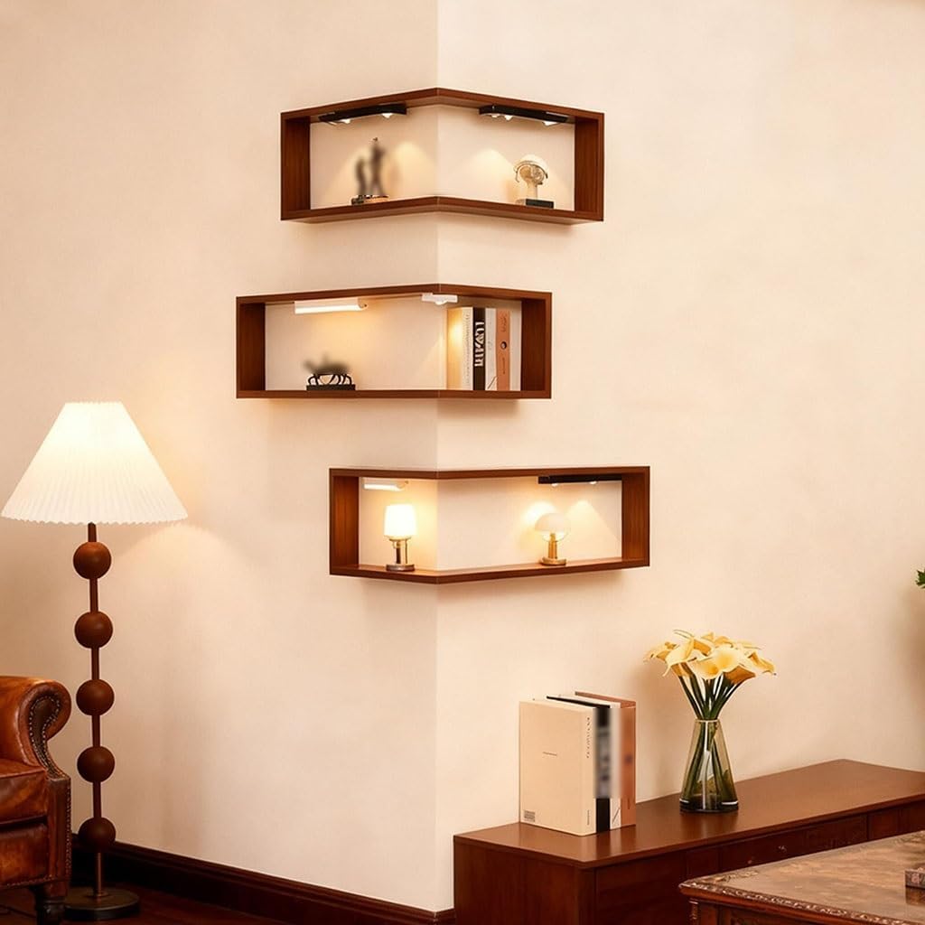 Smart Corner Shelves That Light up Your Space, Wall-Mounted Corner Shelf Display Rack, Easy to Install, 3-Tier Modern Storage Rack for Ornaments Figurines Collectibles with Lamp