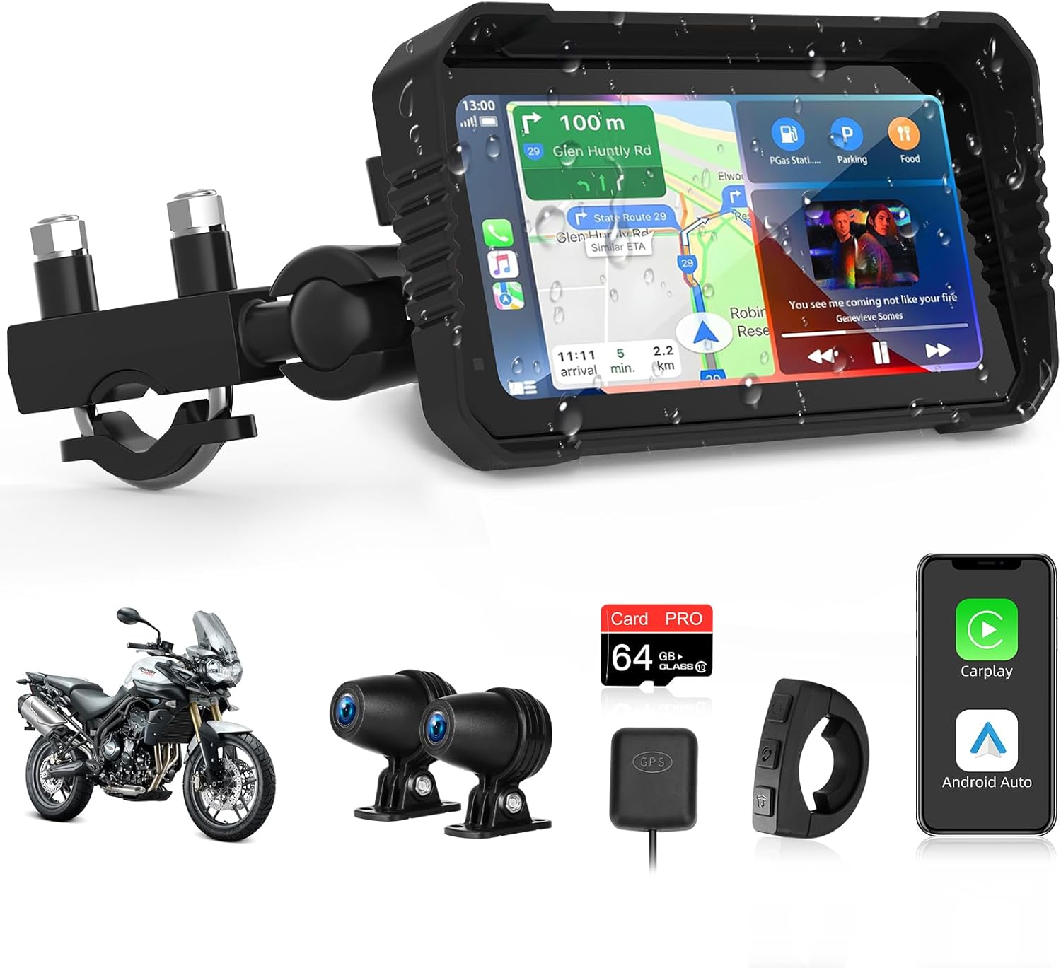 2026 4K Motorcycle CarPlay w 4K Dash Cam 6.25 '' CarPlay Motorcycle Screen/Android Auto for Moto GPS Navigation Remote Control Light Sensor Voice Control IP67 Waterproof TF-64G