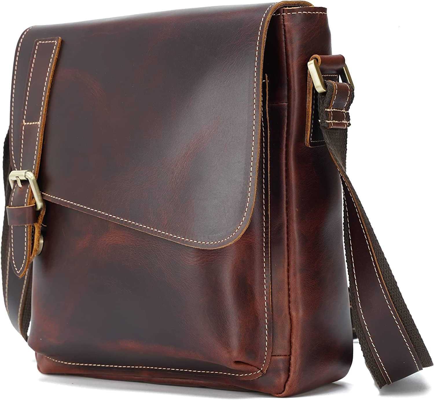 Masa Kawa Leather Messenger Bag Small Crossbody Shoulder Bag for Men Women Flap Over Man Purse Fits 10 Inch Tablet