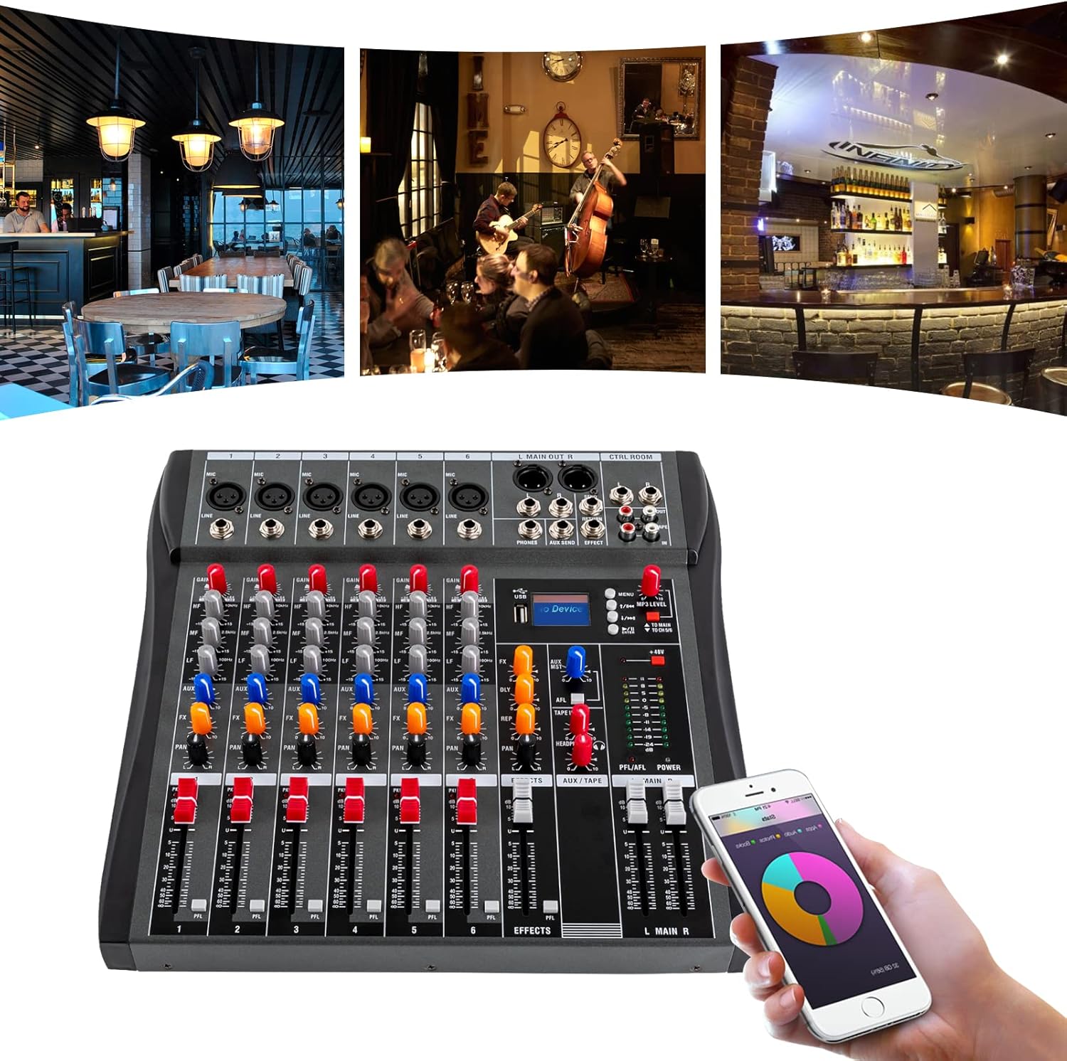 TFCFL 6 Channel Mixing Console Audio Mixer Bluetooth USB Audio Interface 48V Phantom Power Mixer Use for Stereo DJ Studio PC Recording Singing Webcast Party (6 Channel Mixer)
