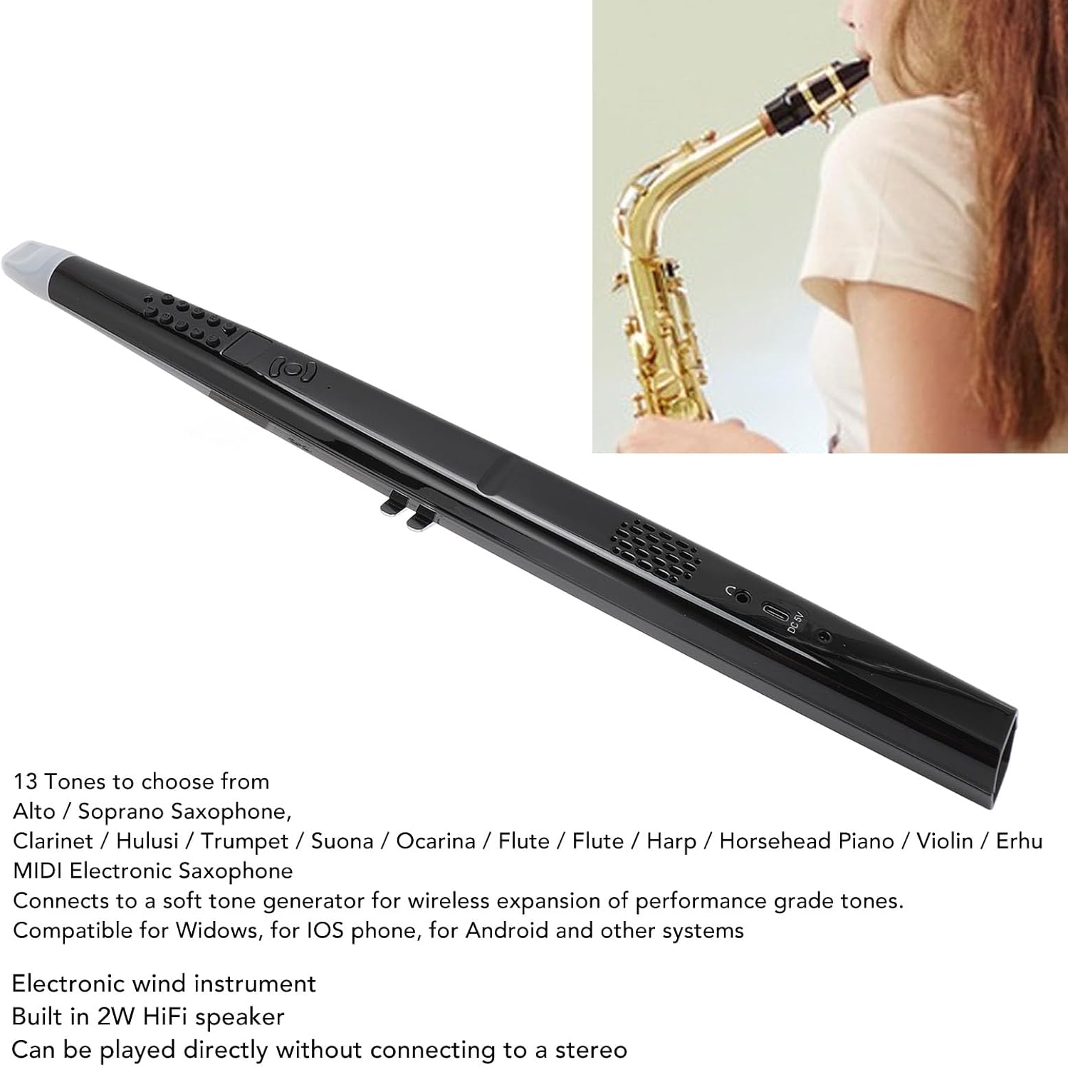 Electronic Wind Instrument, MIDI Digital Wind Instrument Adjustable Volume 3 Blowing Sensitivity Support 13 Kinds of Tone for All Ages Beginners
