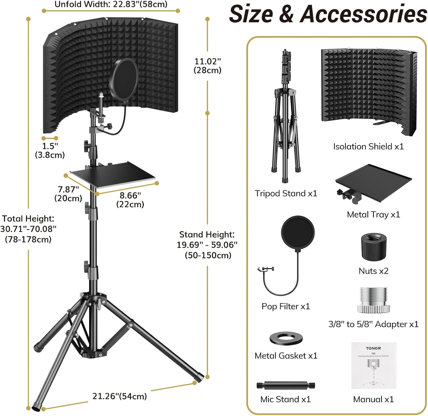 TONOR Isolation Shield Pack for Mic, High Density Absorbent Foam Shield with Pop Filter & Tripod Stand, Foldable Design, Suitable for Blue Yeti, AT2020, Recording, Podcasts, Singing, Broadcasting