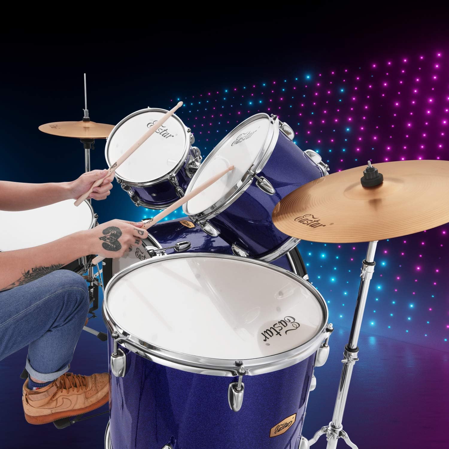 Drum Set Eastar 22 inch for Adults, 5 Piece Full Size Drum Kit Junior Beginner with Pedal Cymbals Stands Stool and Sticks, Metallic Blue