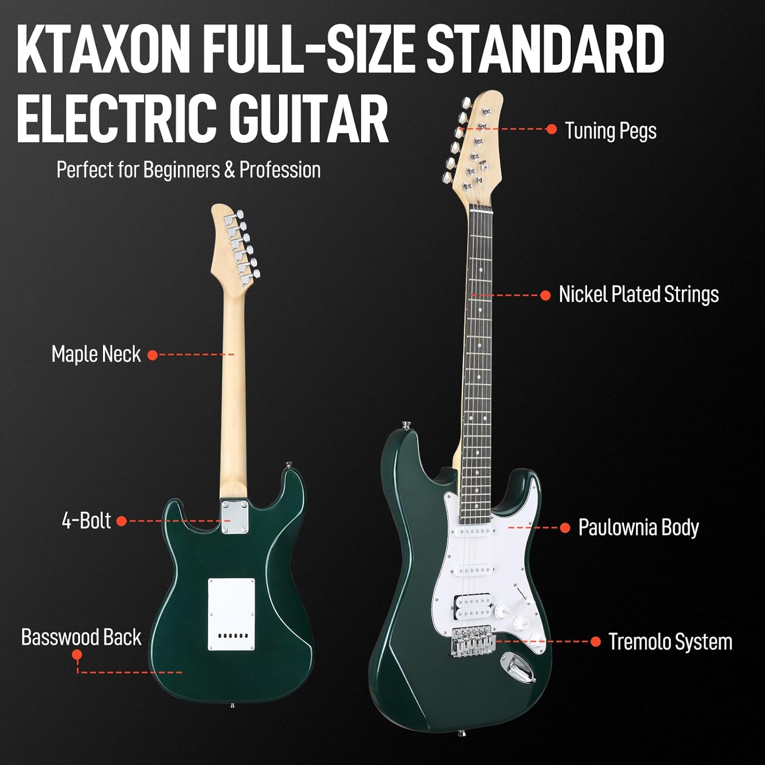 Ktaxon Full Size Electric Guitar Kit with AMP, 6 String HSS Pickups Solid-Body 39 Inch Electric Guitars Set for Beginner & Adults W/Gig Bag, Strap, Extra Strings, Green
