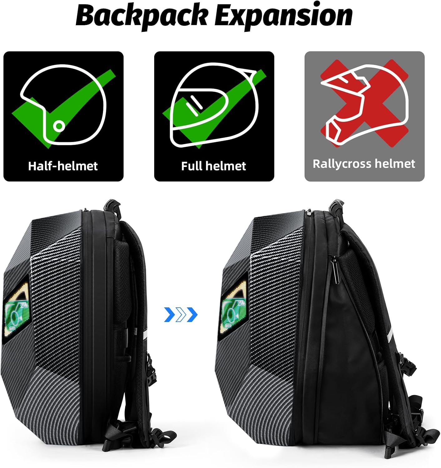 19inch LED Motorcyle Knight Backpack for Men,Hard Case Riding Backpack Motorbike Laptop Bag Waterproof, DIY Programmable Full Color Display & Eyes