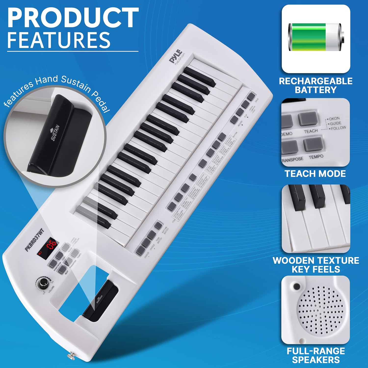 PYLE Electric Piano, 37 Keys Electric Keyboard Piano, Music Keyboard - Built-in Stereo Speakers, Rechargeable Battery, Wired Microphone, Portable Design, 200 Tones, 200 Rhythms, 50 Demos Included