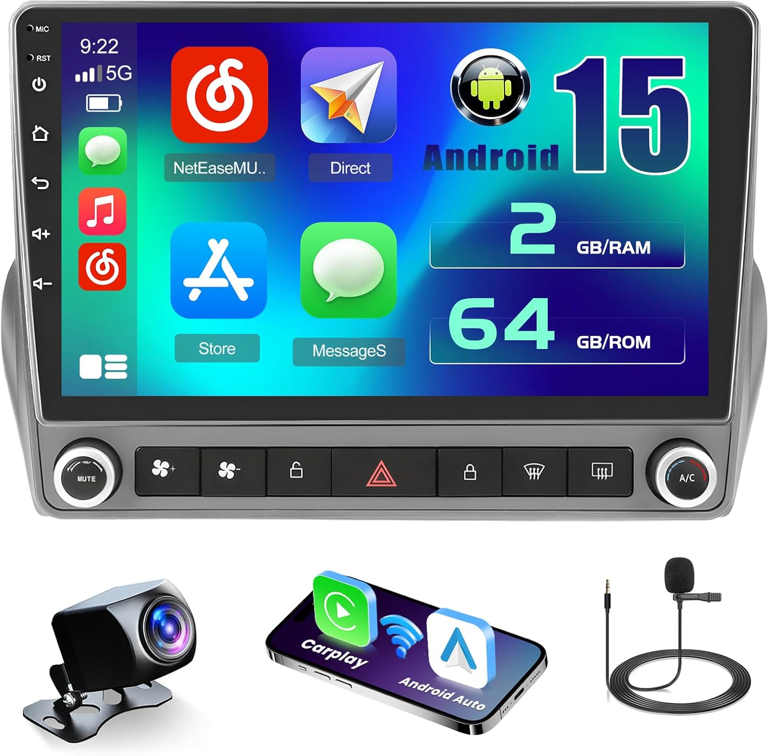 [2+64GB] Android 15 Car Radio for Chevrolet Chevy Camaro 2008-2015 with Wireless Carplay Android Auto, 9 Inch HD Touchscreen Car Stereo with GPS WiFi Bluetooth FM/RDS SWC Backup Camera MIC