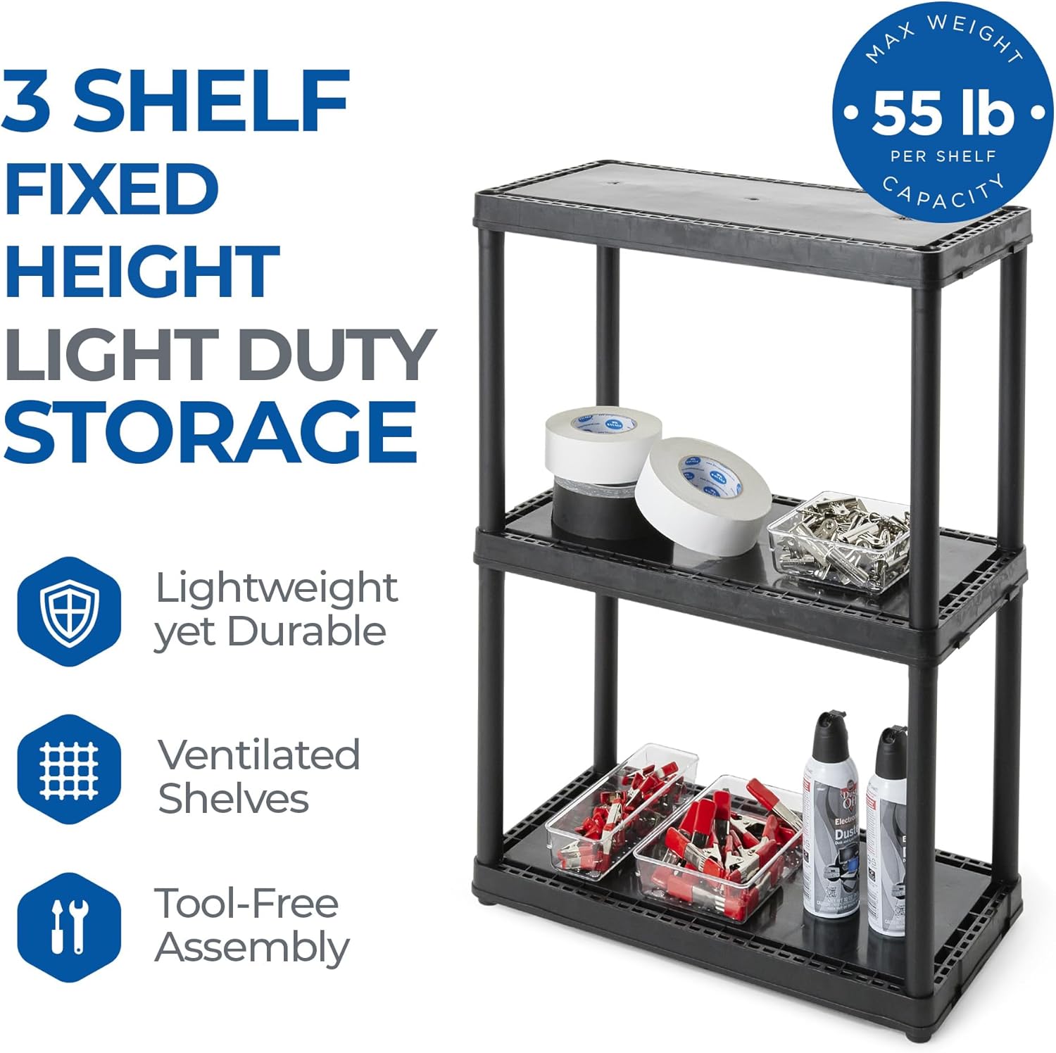 Gracious Living 3 Shelf Fixed Height Light Duty Storage Unit 12 x 24 x 33 Organizer System for Home, Garage, Basement, & Laundry, Black (2 Pack)