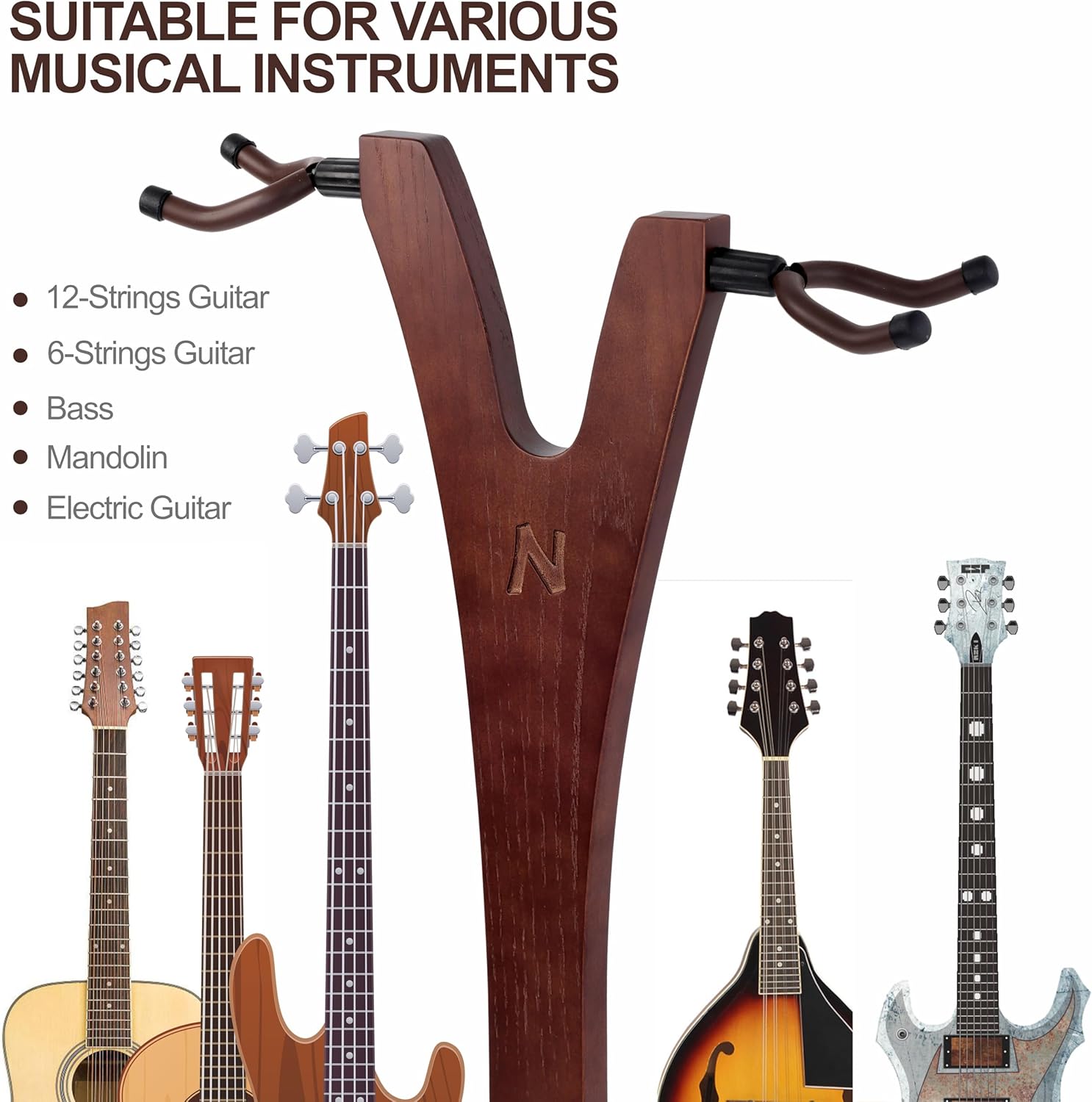 Nefelibata Wooden Guitar Stand, Handmade German Ash Solid Y-shaped Wood Racks Floor Holds 2 Guitars, for Electric Guitars, Acoustic Guitars, Classical Guitars, Banjos, Mandolins(Dark Brown)