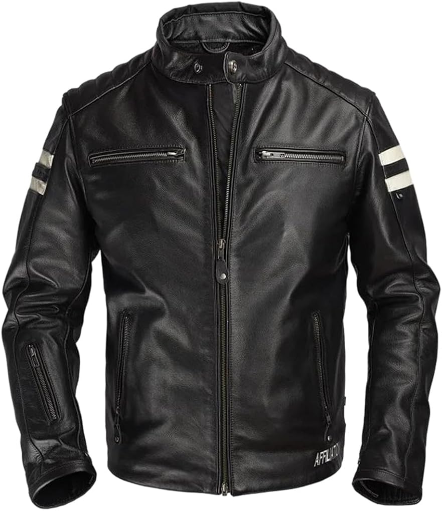 Men Sports Style Plus Size Genuine Natural Cowhide Stand Collar Slim Fit Leather Jacket Coat
