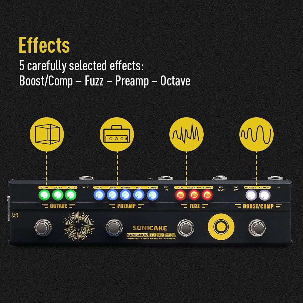 SONICAKE Bass Effects Pedals Multieffect Preamp Compressor Boost Fuzz Octave Multi Effects Pedal Boom Ave With FX Loop