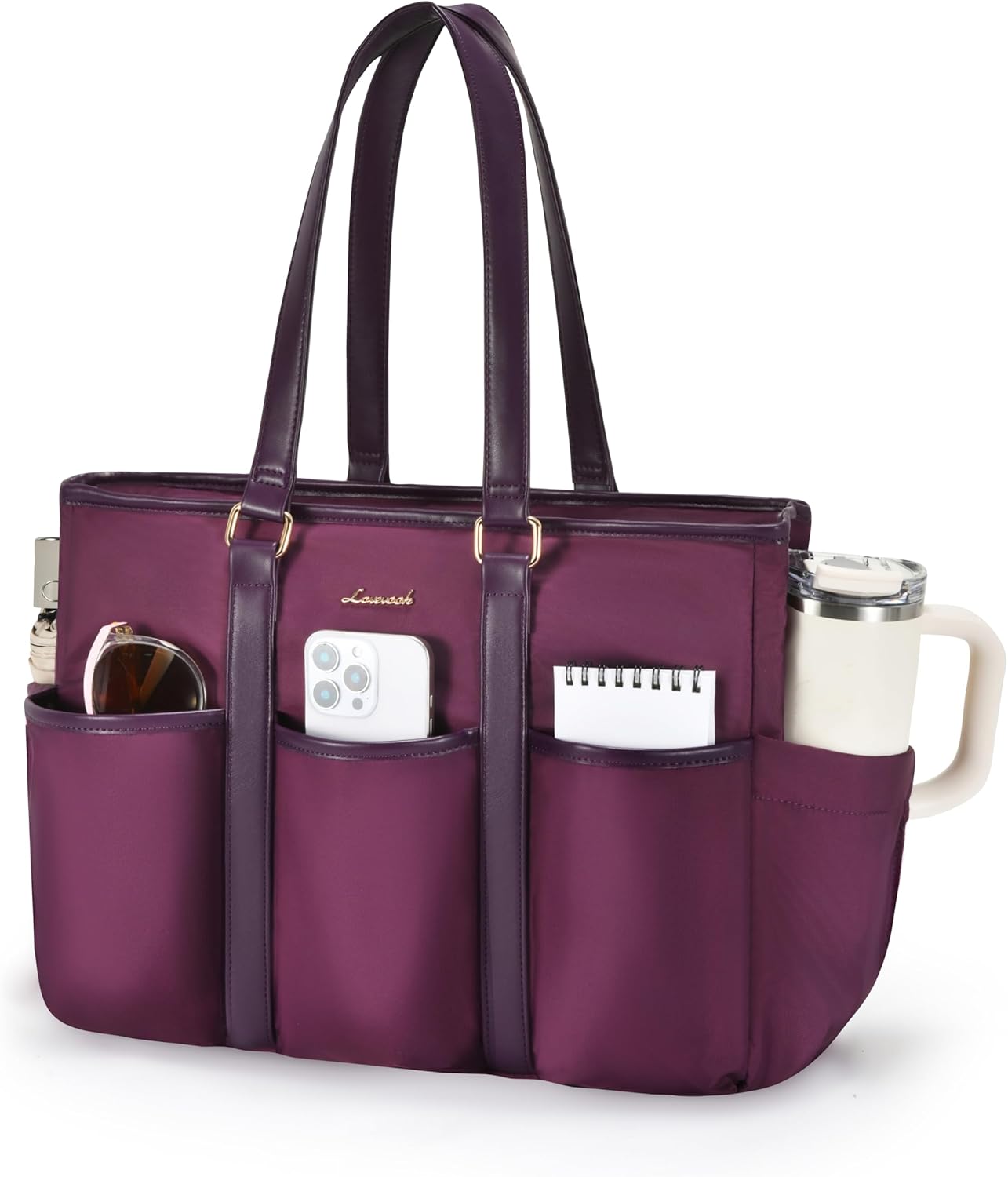 LOVEVOOK 17 Inch Laptop Tote Bag for Women Work, Teacher Nurse Work Tote Bag With Large Cup Holder, Utility Bag For Work/Travel/College/Daily, Large Purse Handbag With Multi Pockets & Top Zipper