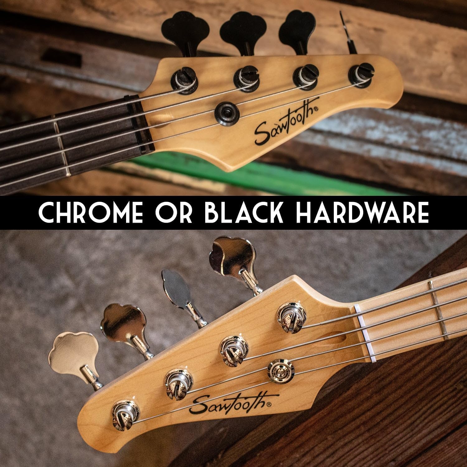 Sawtooth EP Series Electric Bass Guitar, Satin Black w/Black Pickguard