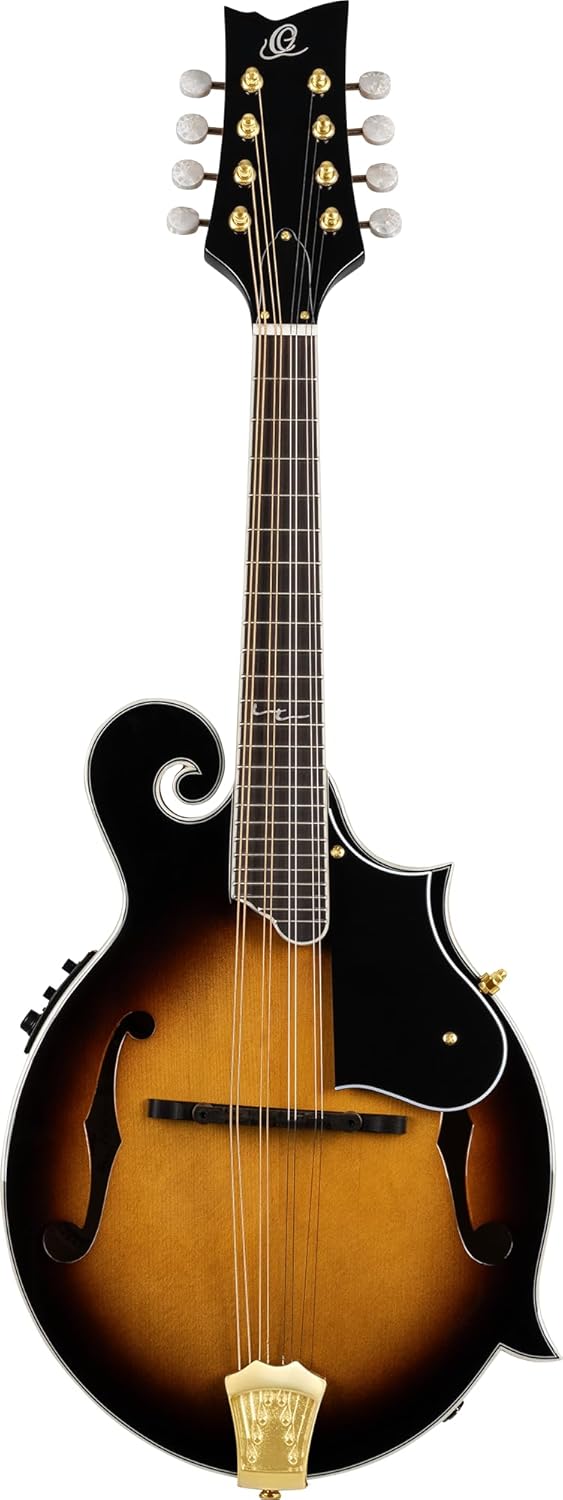 Ortega Guitars, 8-String F-Style Series Solid Top Acoustic-Electric Mandolin w/Bag, Right, Gold (RMFE90TS)