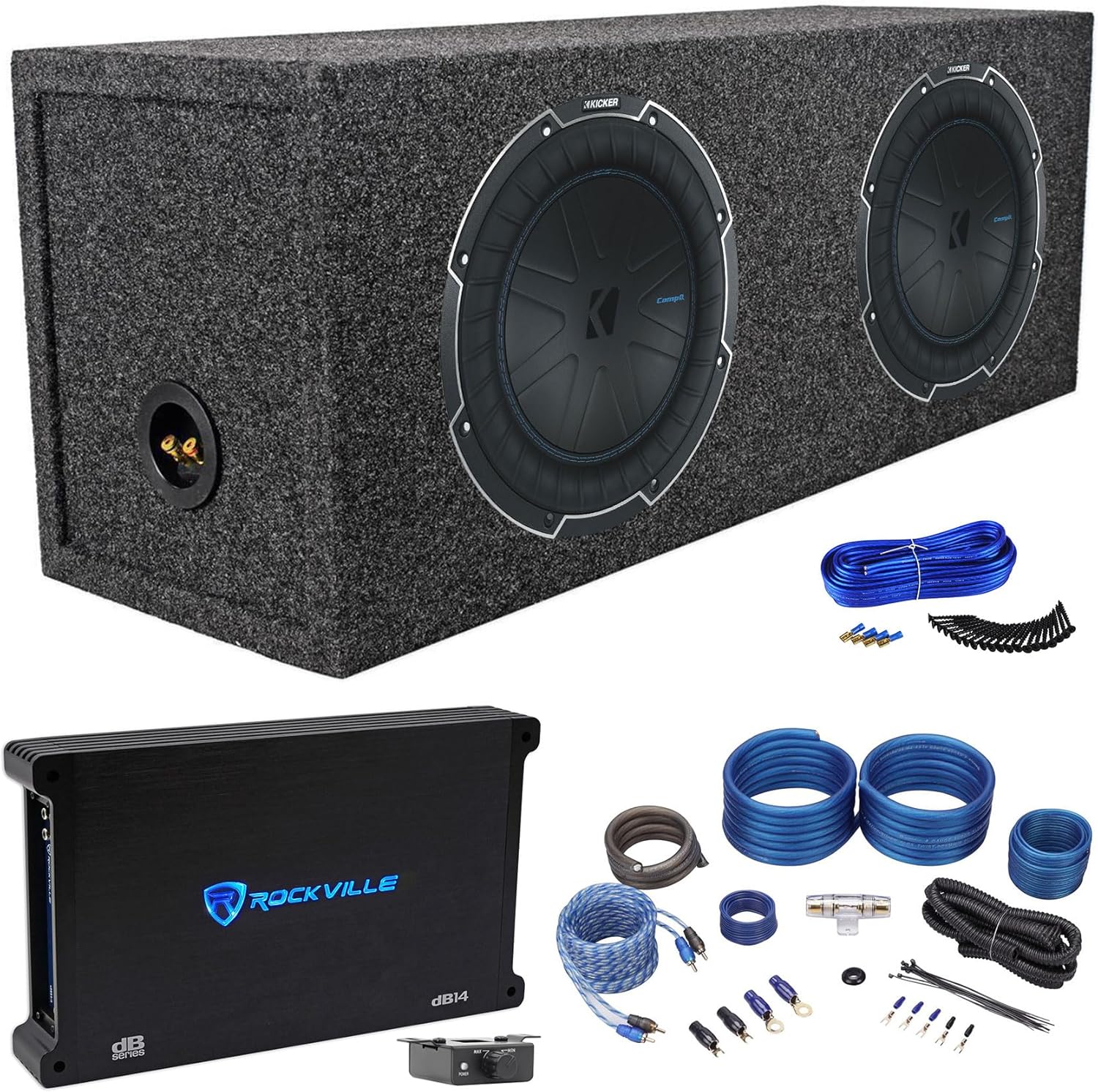 Audiosavings Bundle: (2) Kicker Car Audio Subwoofer Bundle with Mono Amplifier & Car Amp Wire Kit & Subwoofer Enclosure Sub Box & Dual Sub Box Enclosure Installation Kit (6 Items)