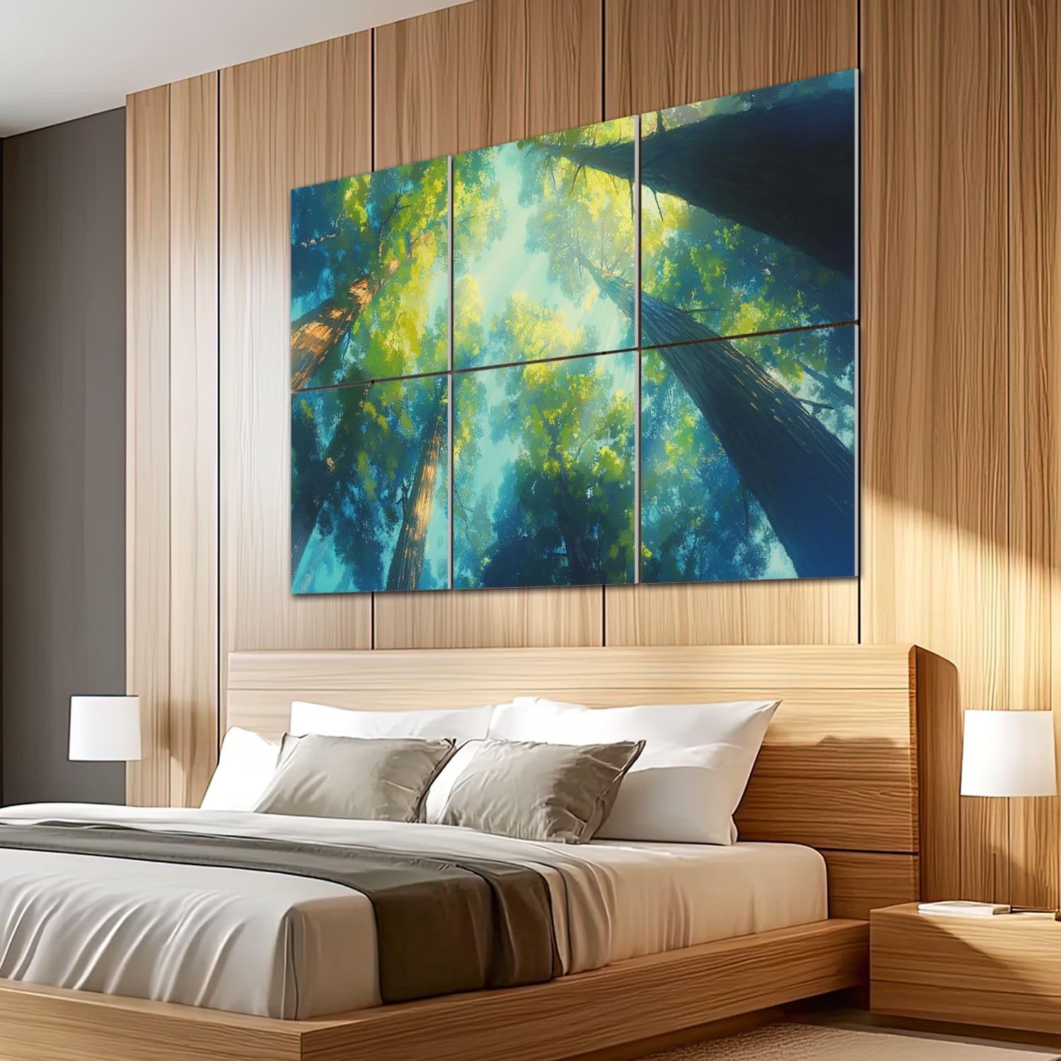 6 Pack Art Acoustic Panels Sound Absorbing Redwood Forest Tall Trees Sunlight Filtering Leaves Canopy Blue Sky Decorative Soundproof Wall Panels Self Adhesive for Recording Studios Office 72