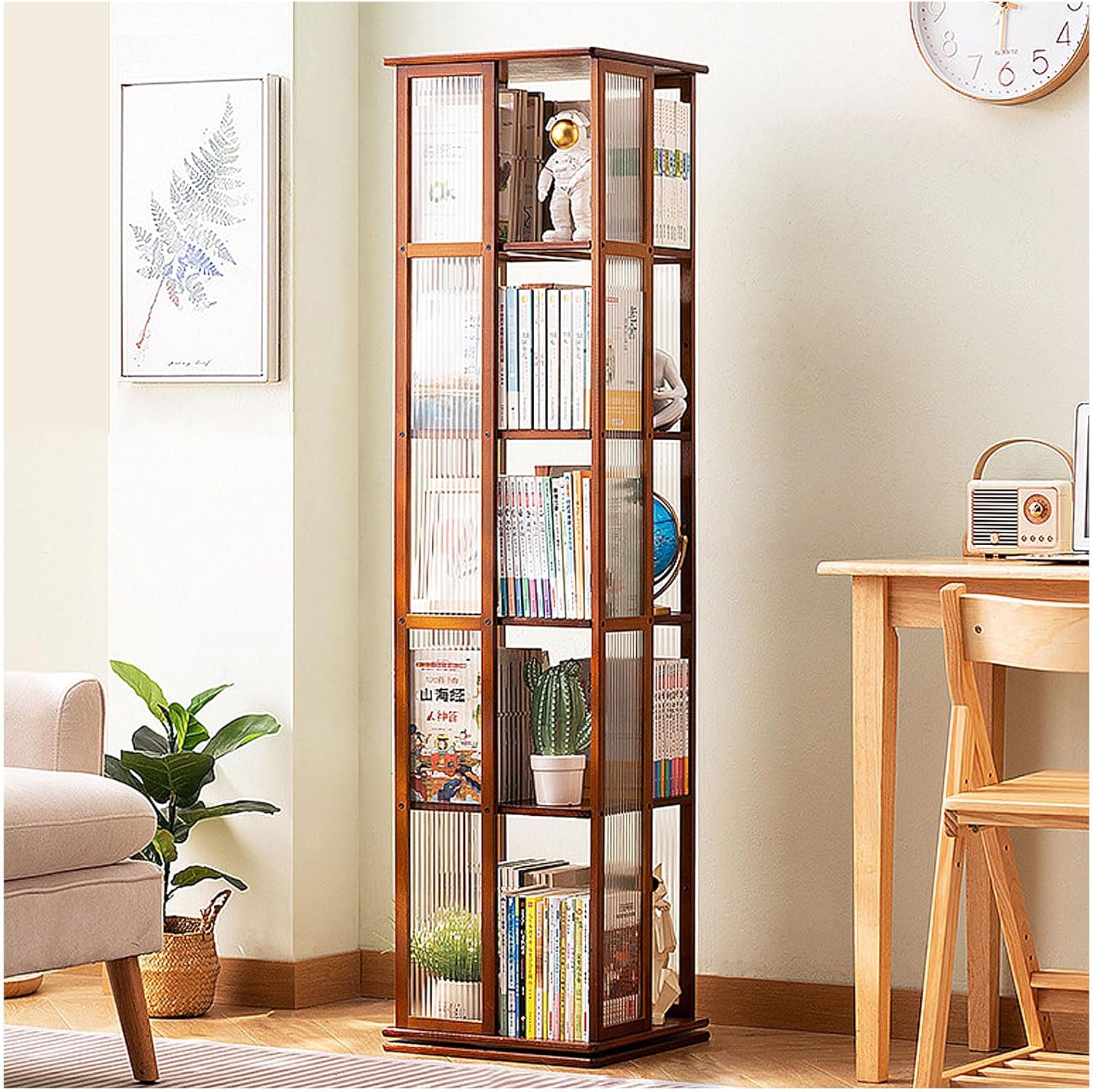 ARMERI Rotating Bookcase, 6 Tier Swivel Bookcase Bamboo Bookshelf, 360 Display Floor Standing Bookcase Corner Storage Organizer, Rotating Bookshelf Tower for Bedroom, Living Room,Brown,5 Tier