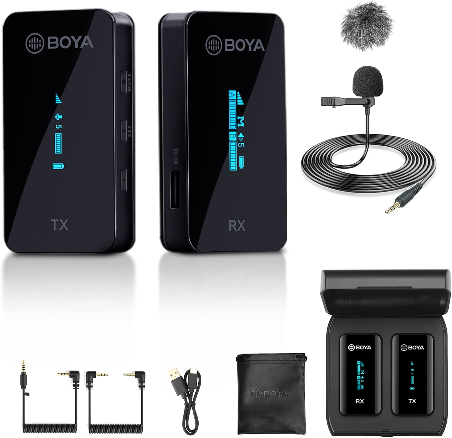BOYA Wireless Lavalier Microphone, by-XM6 K1 2.4G Compact Professional Lapel Mic with Rechargeable Charging Case for iPhone/iPad/Android/Camera-7HR Battery, 328' Range,LED Display