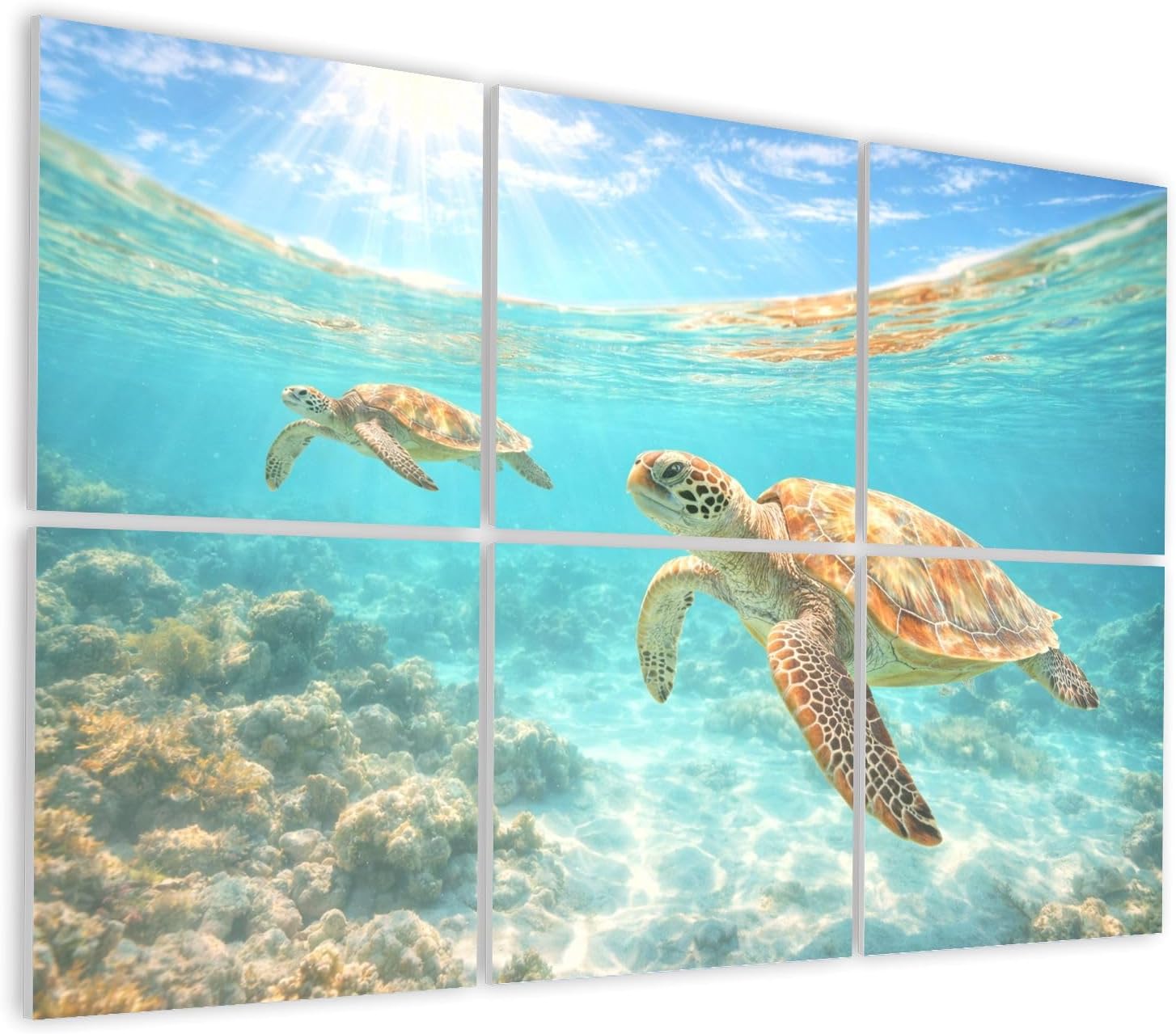 6 Pack Art Acoustic Panels Self Adhesive Sea Turtles Swimming Clear Ocean Water Sunlight Coral Decorative Soundproof Wall Panels Sound Absorbing Panel 48