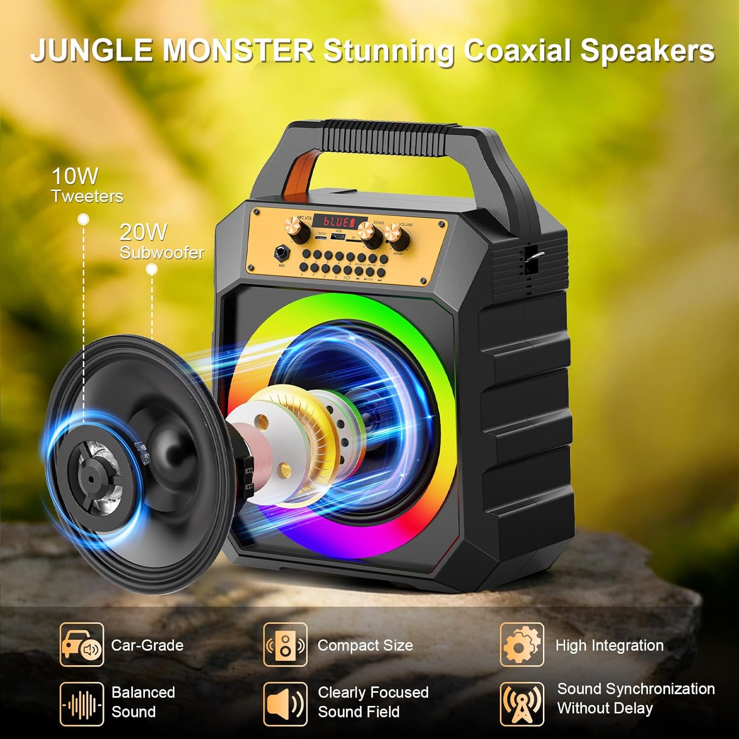 Portable Karaoke Machine for Adults Coaxial Speaker with 2 Wireless Microphones,Bluetooth PA System with 5 Dynamic LED Lights Mode,Supports TF/SD/USB,AUX,FM,REC for Home Party (171-black)