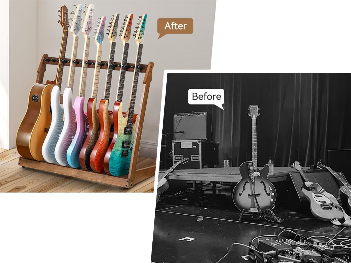 Guitar Stand for Multiple Guitars,Multi Wood Guitar Rack for 4 Acoustic Guitar, 6 Electric or Bass,18mm-thick wooden plank