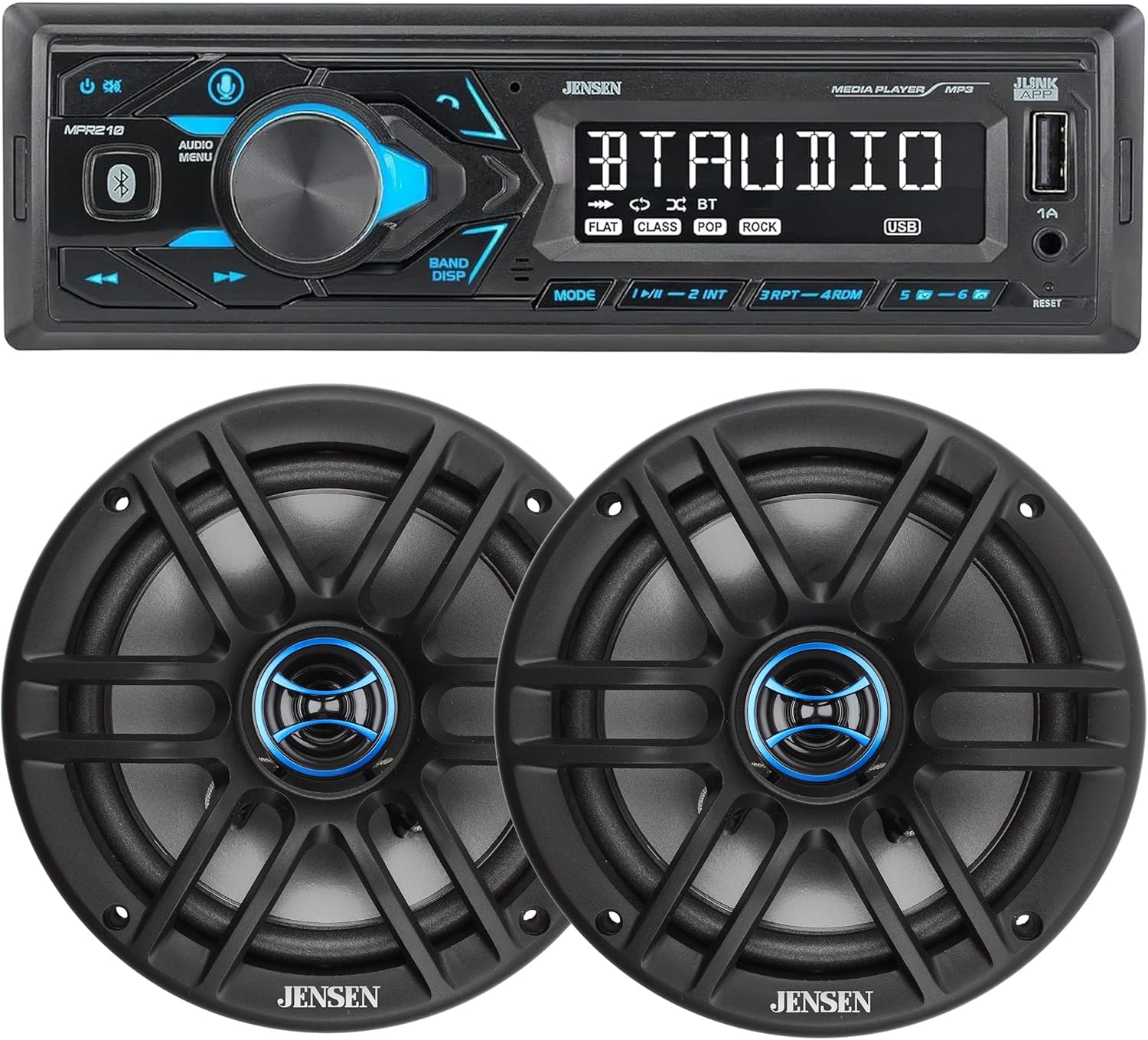 JENSEN MPR210 7 Character LCD Single DIN Car Stereo Radio & JS62 6.5 inch Car Speakers Bundle