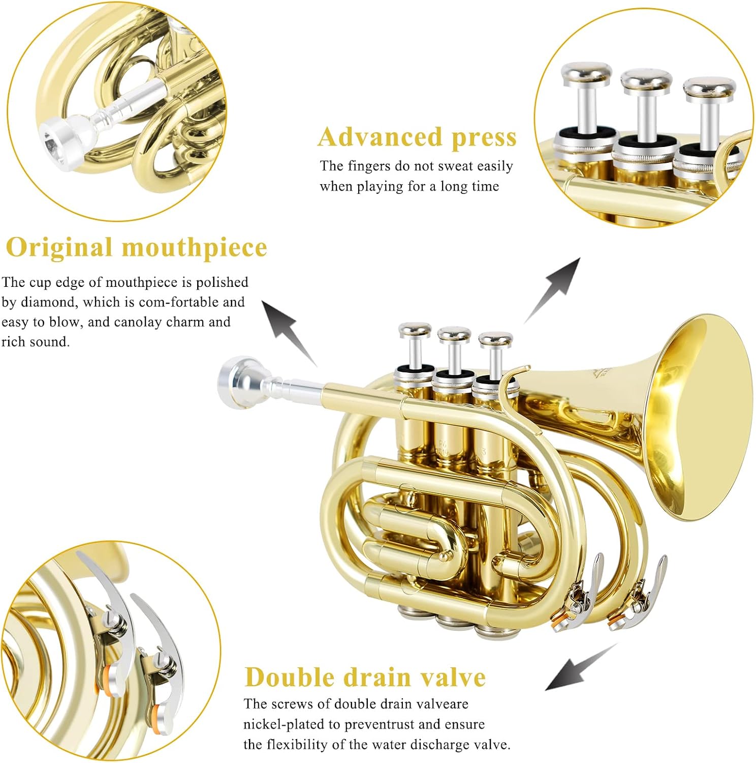 EASTROCK Pocket Trumpet Brass Bb Gold Lacquer Mini Trumpet with 7 C Mouthpiece, Hard Case, Strap, White Gloves, Cleaning Kit for Students and Beginners
