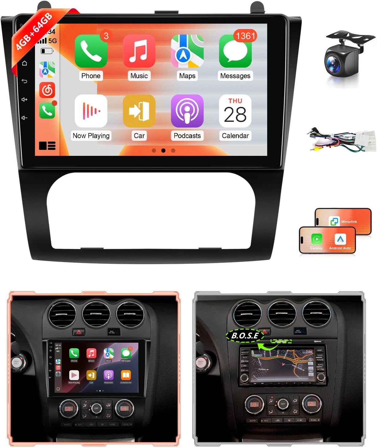 8-Core 4G+64G Car Stereo for Nissan Altima 2008 2009 2010 2011 2012 Radio Wireless Apple CarPlay Android Auto,9 inch IPS Touchscreen for Altima Headunit 5G WiFi GPS Navi FM RDS EQ SWC (Auto A/C)