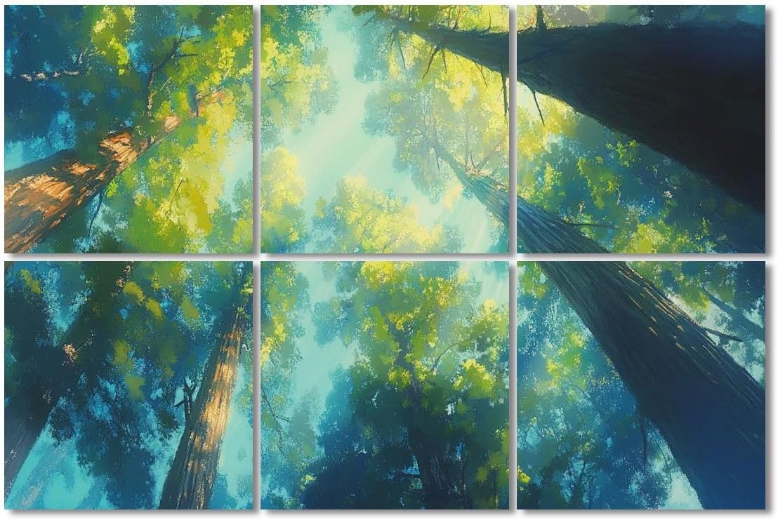 6 Pack Art Acoustic Panels Sound Absorbing Redwood Forest Tall Trees Sunlight Filtering Leaves Canopy Blue Sky Decorative Soundproof Wall Panels Self Adhesive for Recording Studios Office 72
