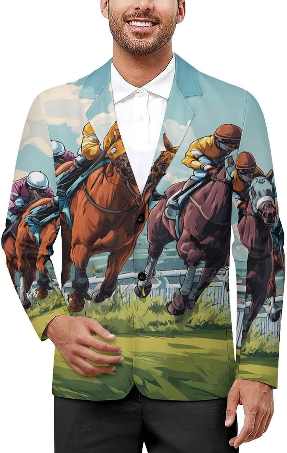 Race Horse Racing Men's Blazer Printed Button Suit Jacket Slim Sport Coat Blazers