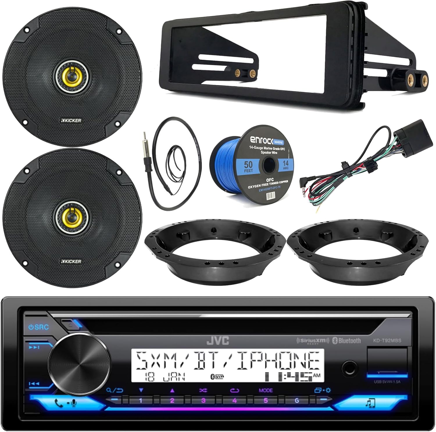 Single DIN Marine Bluetooth AM/FM CD Stereo Receiver, 2X 6.5 300 Watt Max 2-Way Car Audio Speakers w/Adapters, Stereo Install Kit 1998-2013 Harley Motorcycles, Antenna, Speaker Wire