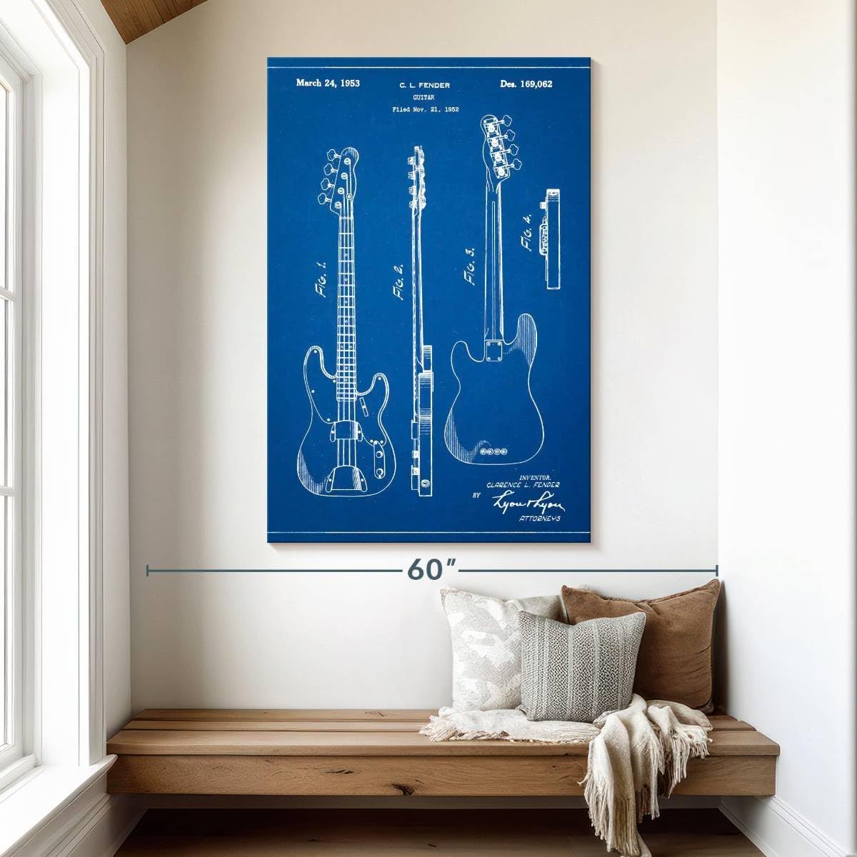 Elephant Stock - Blueprint Fender Precision Bass Guitar Patent Poster Wall Art - Vertical Canvas Wall Art - Living Room Wall Decor - Drawing Music Blueprints Canvas Art - Blue And White Decor by Cole Borders - 34