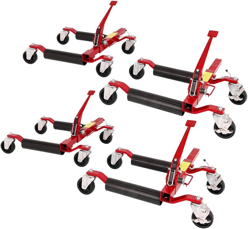 BLACKHORSE-RACING Wheel Dolly Car Skates Mechanic Vehicle Positioning Tire Jack Ratcheting Foot Pedal Lift Car Wheel Dolly Heavy Duty, 1500lbs, Set of 4, Red