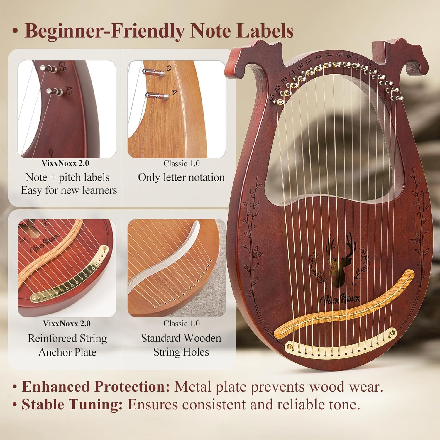 Lyre Harp, 16-String Mahogany Lyra Harp Kit, Stringed Musical Instruments with Tuning Wrench Bag Instructions Extra Strings for Beginners Adults