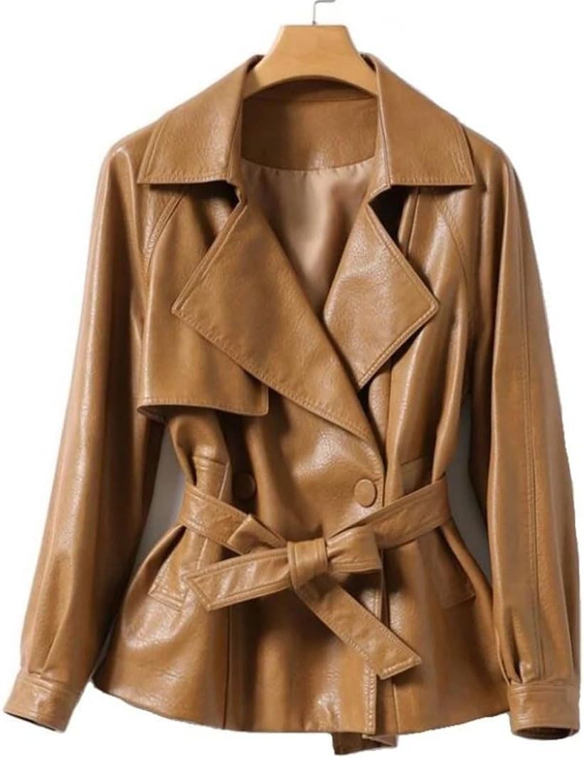 Women's Spring Lapel Pu Leather Bomber Jacket, Long Sleeves, Elastic Hem Leather Jacket