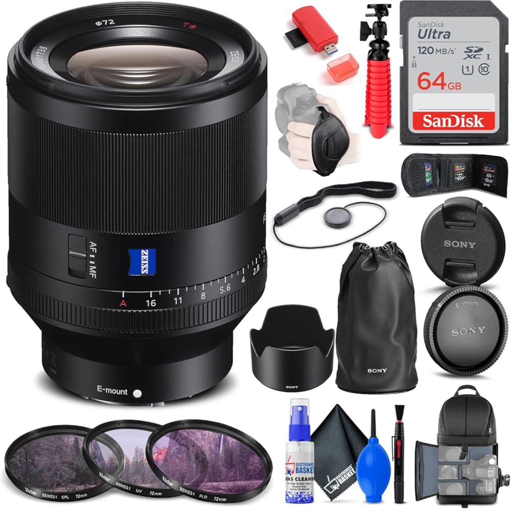 Sony Planar T FE 50mm f/1.4 ZA Lens (SEL50F14Z) + Filter Kit + Backpack + 64GB Card + Card Reader + Flex Tripod + Memory Wallet + Lens Cap Keeper + Cleaning Kit + Hand Strap + More (Renewed)