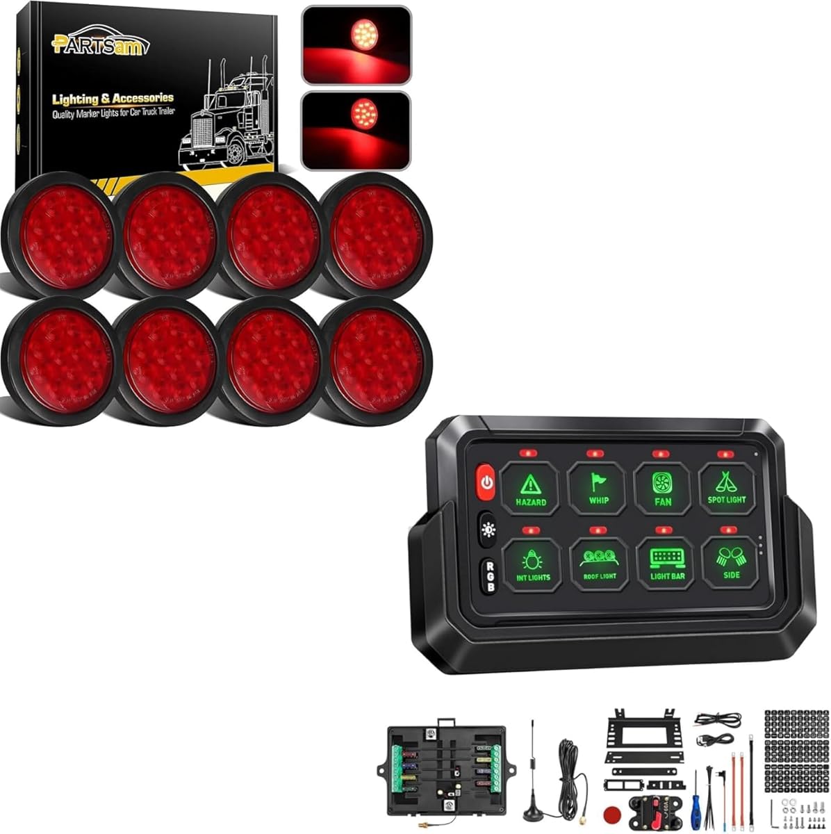 Partsam Round Red LED Trailer Tail Light+Wireless RGB 8 Gang Switch Panel
