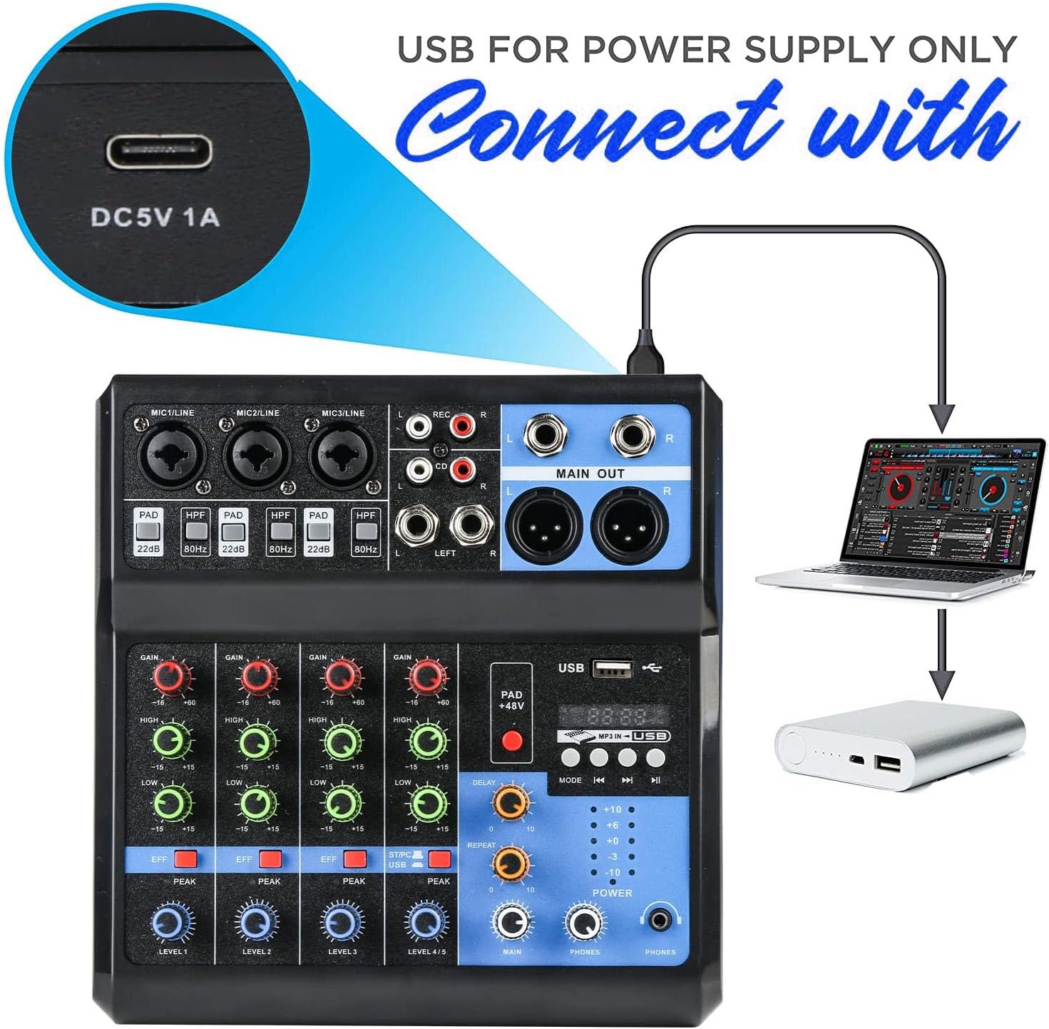 5 Channels DJ Mixer, Metal Material Sound Board Console with Playback USB Compatibility for Mixing and Recording, Small and Lightweight for Music Production (US Plug)