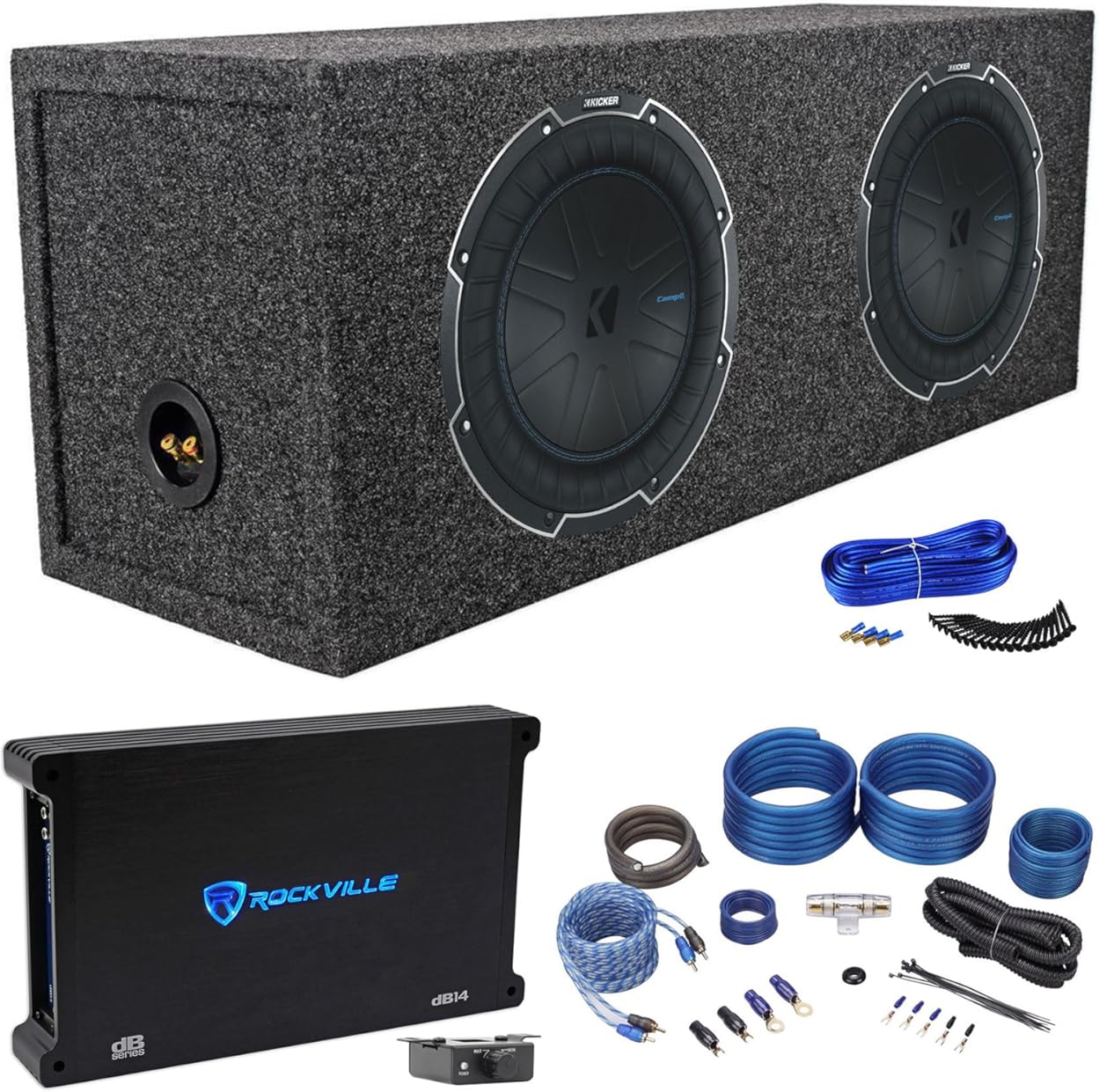 Audiosavings Bundle: (2) Kicker Car Audio Subwoofer Bundle with Mono Amplifier & Car Amp Wire Kit & Subwoofer Enclosure Sub Box & Dual Sub Box Enclosure Installation Kit (6 Items)