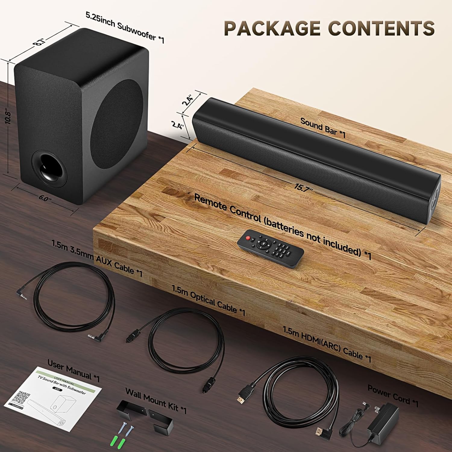 Sound Bar Speakers Bluetooth Wireless, TV Speakers Sound Bar Subwoofer, Home Theater Surround Sound Bar HDMI(ARC) Optical AUX USB 2.1ch Home Audio Sound System TV PC Wall Mount, Black