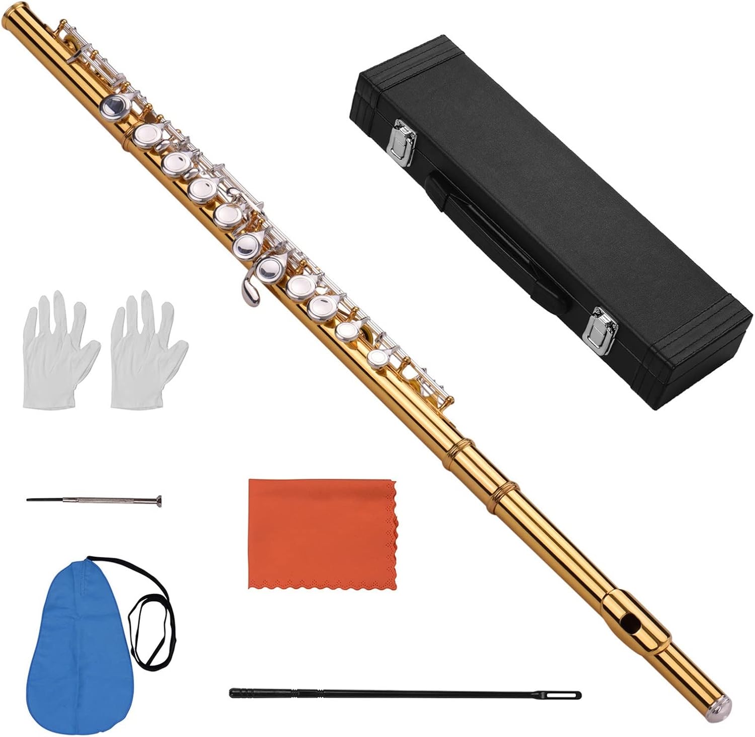 Flute Kit Professional Closed Hole C Flute Cupronickel Gold- Plated Tube 16 Silver- Plated Keys Wind Instrument with Carry Case Intermediate Flute