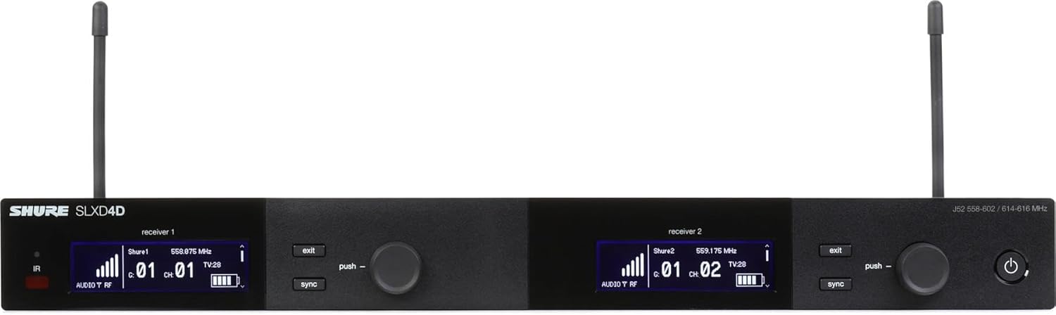 Shure SLXD4 Dual Channel Receiver - for use with SLX-D Digital Wireless Microphone Systems, Transmitters Sold Separately | J52 Band (SLXD4D=-J52)