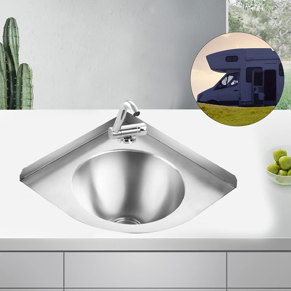 Wall Mount Corner Sink, Triangular Stainless Steel Sink with Faucet Easy to Install Bathroom Vanity Vessel Sink for RV, Home