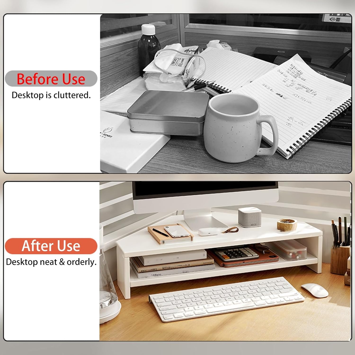 Wooden Corner Monitor Stand w/Storage.2 Tier Office Organizer Rack for Desk,Triangular Shelf Riser,Lifting Tablet Holder (Black )