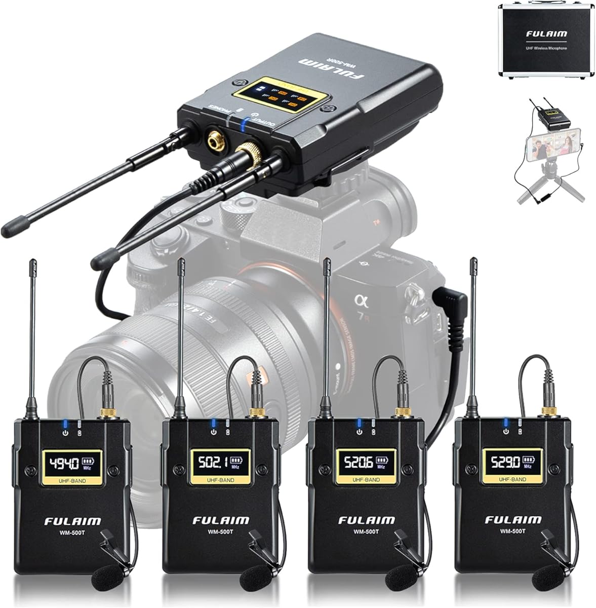 FULAIM WM500 UHF Wireless Lavalier Microphone System, 16-Channel Lavalier Lapel Mic with Rechargeable Transmitter and Receiver for Recording YouTube, Interview, Vlogging, Conference - 4 X Transmitters