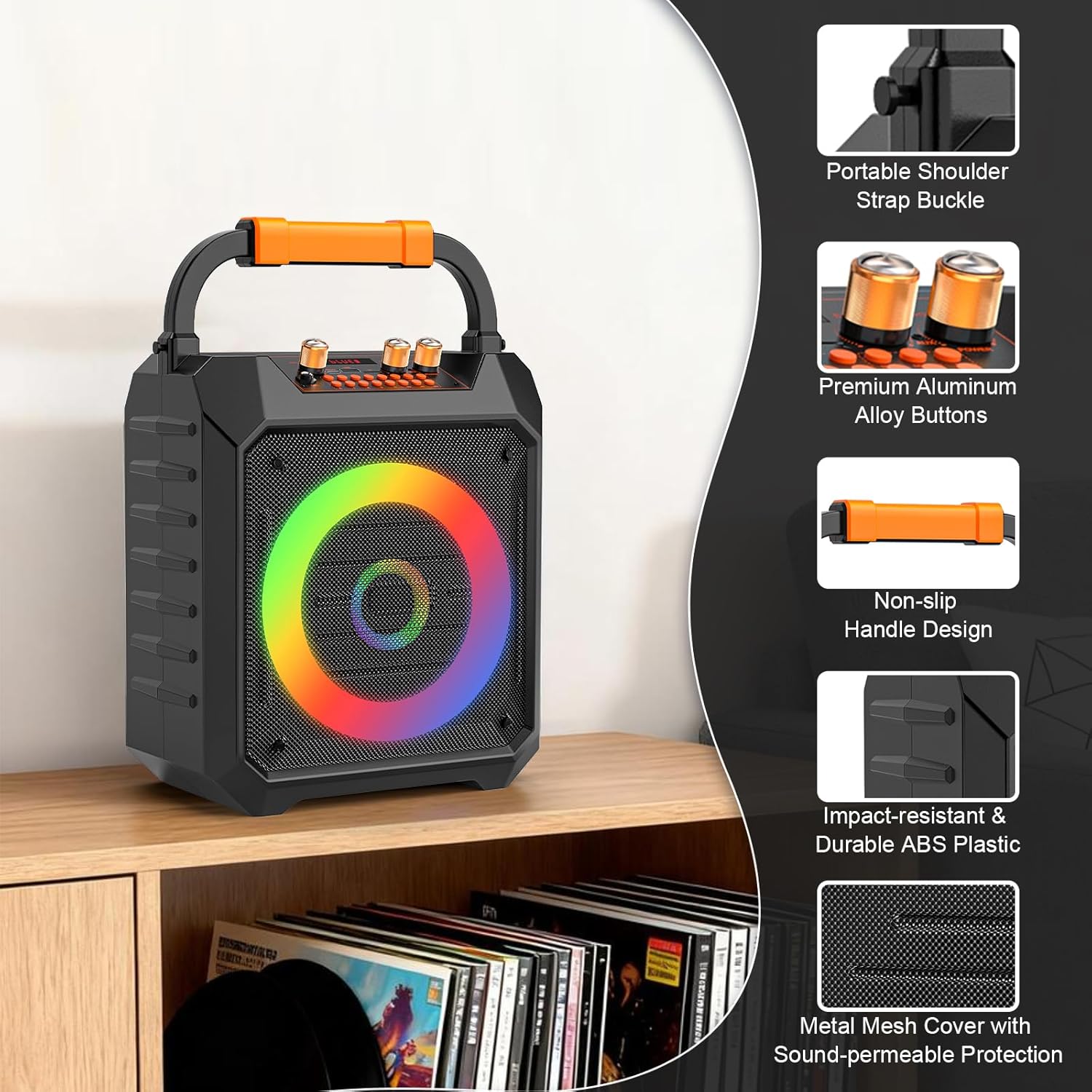 Portable Karaoke Machine with 2 Wireless Mics Bluetooth Karaoke Speaker with PA System for Adults,Parties,Home Use,Support BT/TF/USB/AUX/FM,Recording,LED Lights,Powerful Bass and Treble (K168N-Black)