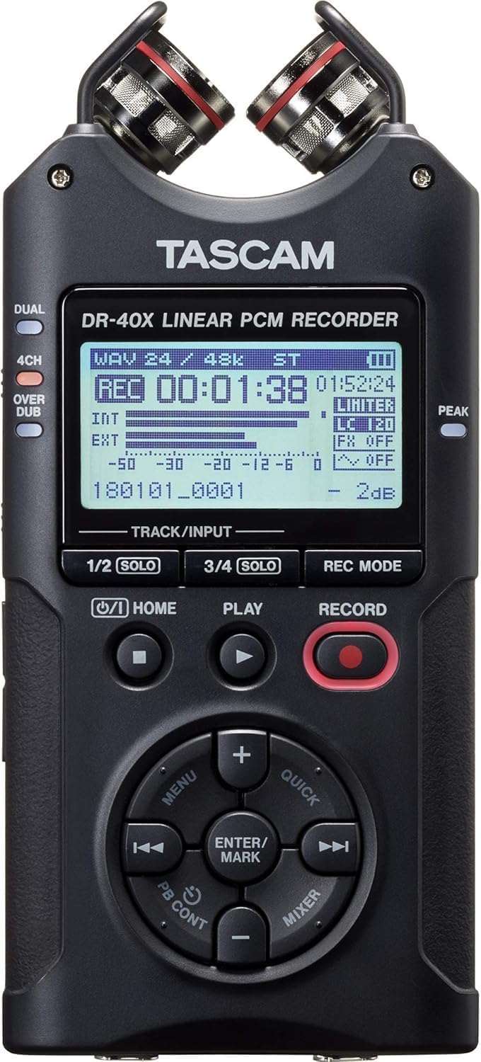 TASCAM DR-40X 4-Track Portable Handheld Field Recorder — 2 XLR/TRS Inputs, USB Audio Interface, Dual Adjustable Microphones for Stereo Recording of Music, Audio for Video and Podcasting