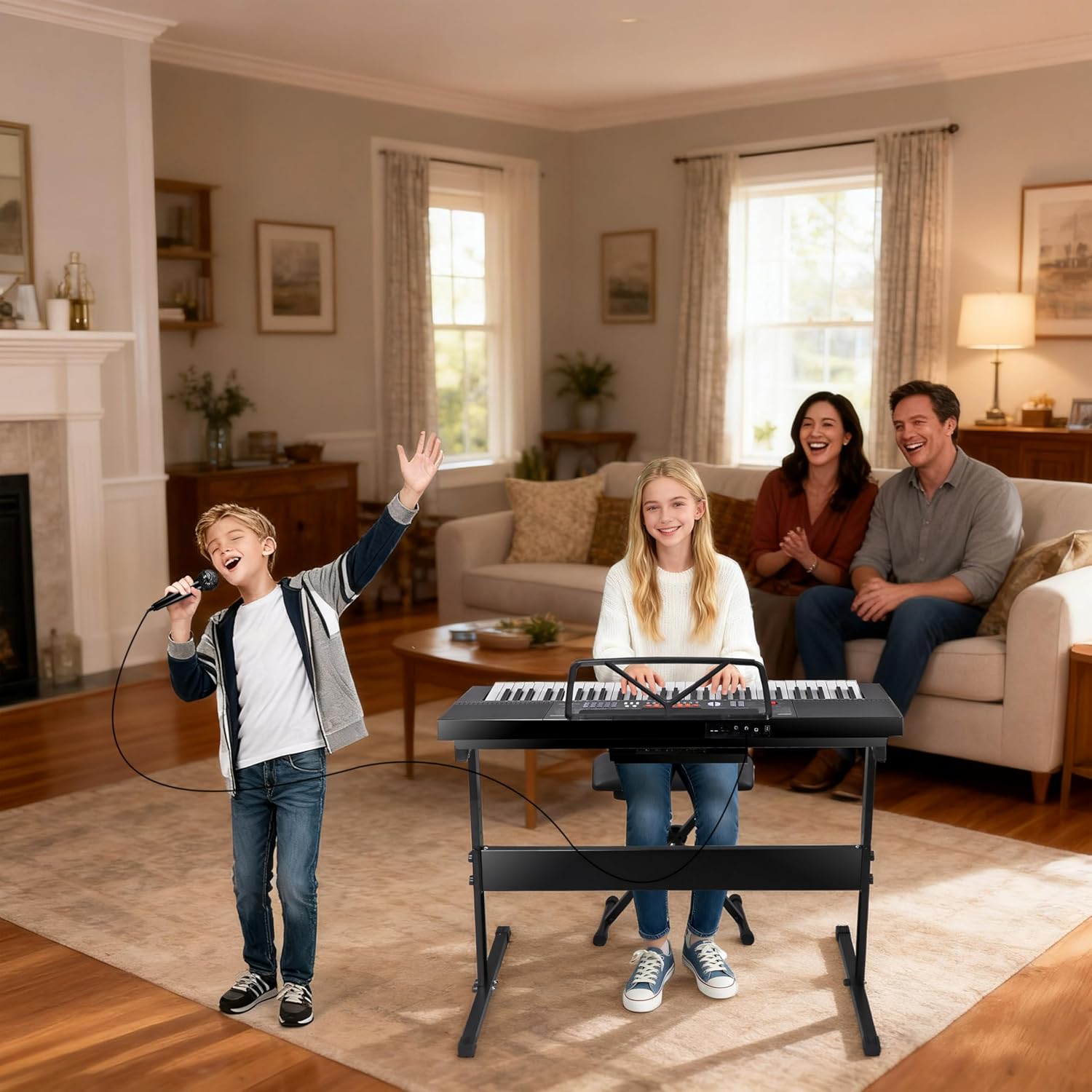 Smartxchoices 61-Key Electronic Keyboard Piano Stand Portable LED Display Keyboard Kit with Adjustable Stand, Adjustable Stool, Headphones, Microphone & Music Rest