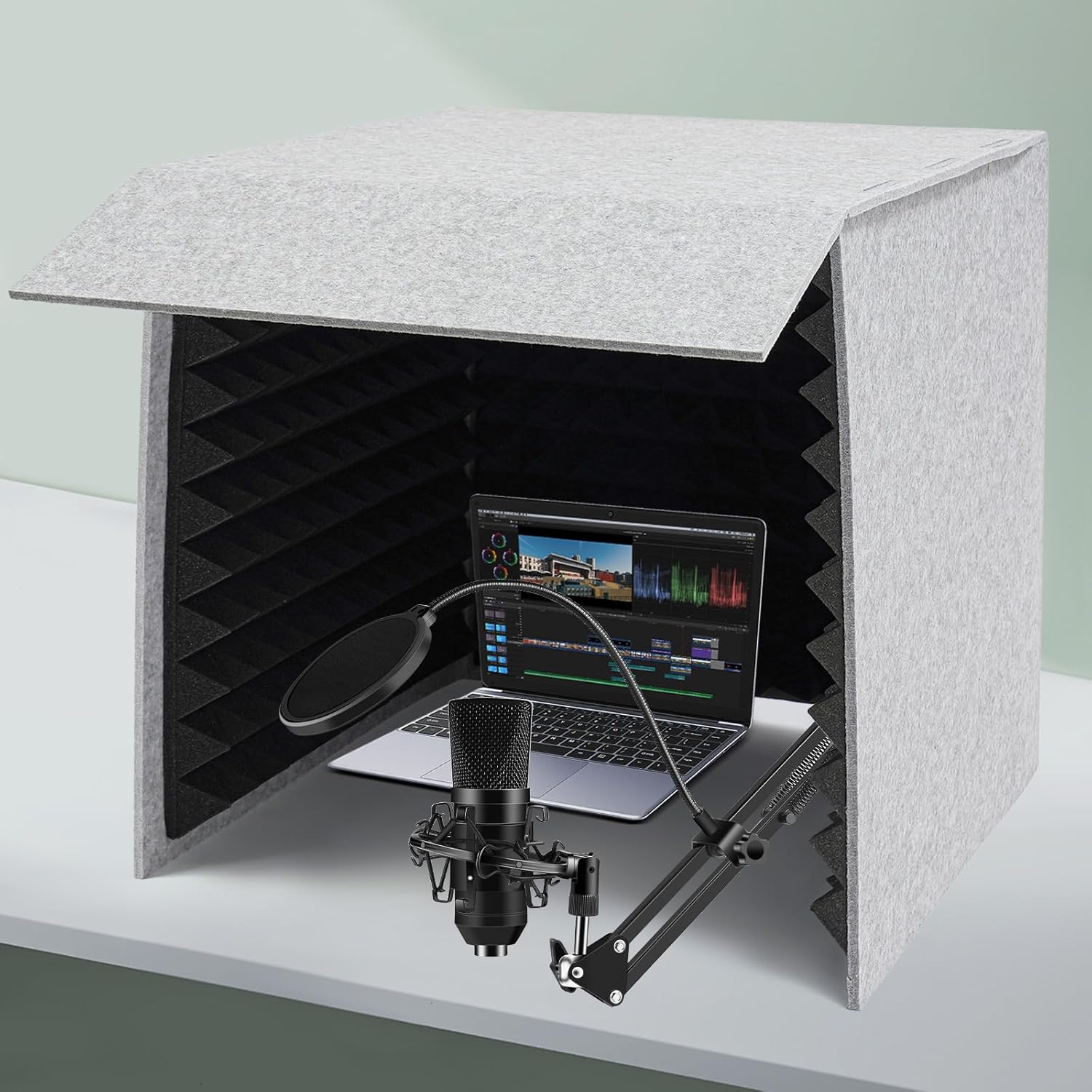 Portable Vocal Recording Booth Desktop Soundproof Cover Modern Square Sound Proof Box Vocal Absorbing Shield Music Recording Equipment Filter Vocal for Microphone Studio Sound Recording (Gray&Black)