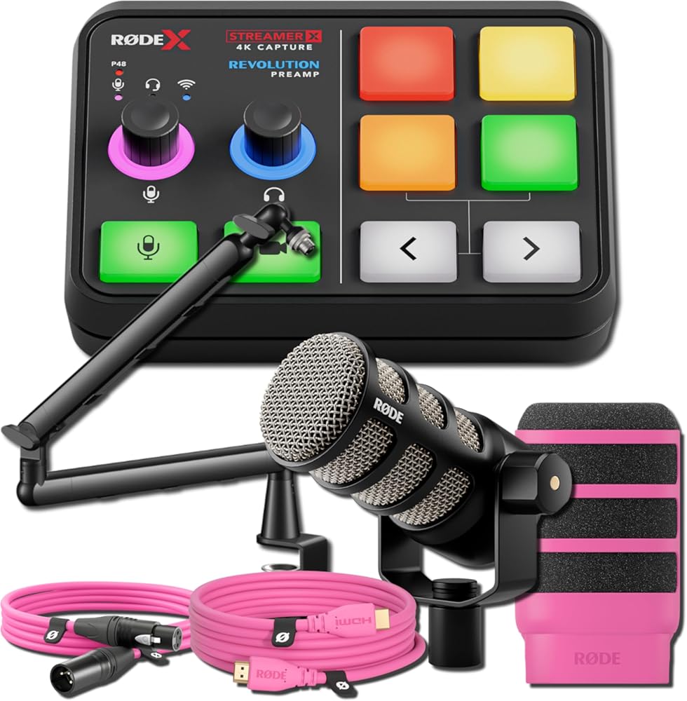 Rode Streamer X Audio Interface/Video Capture Card with PodMic, StreamEye LowPro Microphone Boom Arm, WS14 Pop Filter, 3m HDMI Cable, and XLR Cable (Pink)